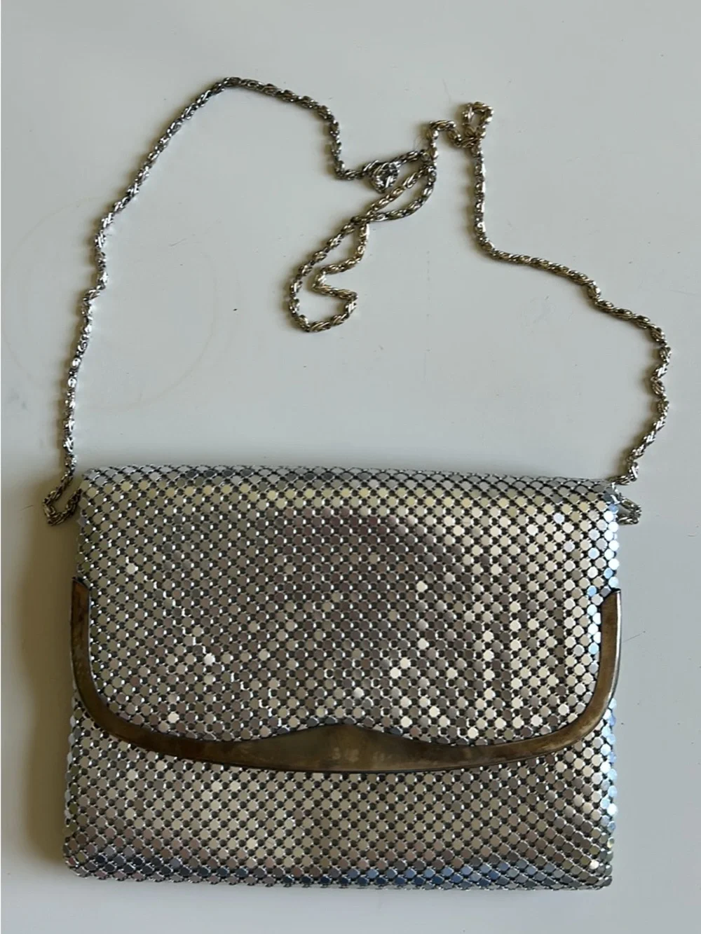 Metallic Silver Mesh Evening Clutch with Chain Strap